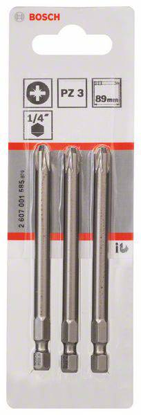 Dreiteiliges Bosch Schrauberbit-Set, PZ 3, 89 mm Länge, für Kreuzschlitzschrauben, 1/4 Zoll Aufnahme, in Blisterverpackung.