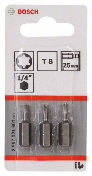 Ein Set von drei Bosch Torx T8 Schraubendreher-Bits, jeweils 25 mm lang, in einer transparenten Blisterverpackung, für 1/4 Zoll Aufnahme.