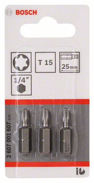 Verpackung mit drei Bosch Torx T15 Bits, 25 mm lang, 1/4 Zoll Antrieb.