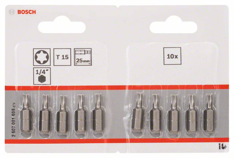 Packung mit zehn T15 Torx-Schraubendreher-Bits, 25 mm Länge, 1/4 Zoll.