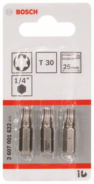 Verpackung mit drei Torx Bits von Bosch, Größe T30, Länge 25 mm, 1/4'' Aufnahme.
