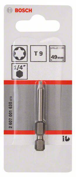 Verpackung eines Bosch T9 Schraubendrehereinsatzes, Länge 49 mm, 1/4''-Durchmesser, mit Teilenummer 2 607 001 630.