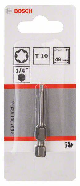 Bohrer-Bit von Bosch, T10 Torx, für 1/4-Zoll Bohrfutter, Länge 49 mm. Verpackung mit Logo, Code 2607000632.