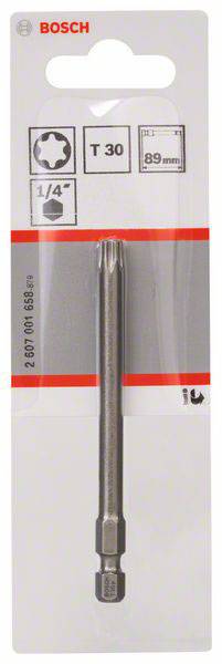 Bohrerspitze der Marke Bosch, Typ T30, 89 mm lang, 1/4 Zoll Durchmesser, in grauer Verpackung mit roten und schwarzen Details.