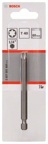 Stern-Schraubendrehereinsatz T40 von Bosch, 89 mm lang, 1/4 Zoll Aufnahme, Produktverpackung mit Markenlogo und Spezifikationen.