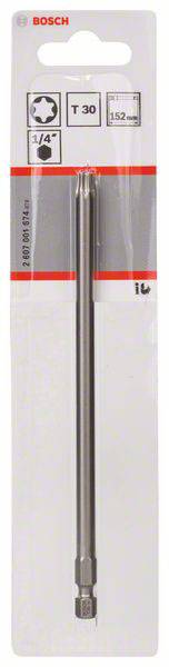 Bosch Schrauberbit T 30, Länge 152 mm, 1/4 Zoll Aufnahme, verpackt in durchsichtiger Kunststoffhülle.