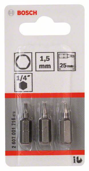 Drei Bosch-Schraubendreher-Bits im Blisterpack, Größe 1,5 mm. Verpackung zeigt technische Symbole für Maße und Kompatibilität.