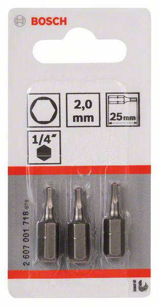 Drei Bosch Sechskant-Bits à 2,0 mm, Verpackung zu sehen. Geeignet für Schraubarbeiten mit 1/4 Zoll Aufnahme, Länge 25 mm.