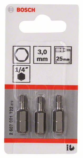Drei Sechskant-Bitaufsätze von Bosch in einer Kunststoffverpackung. Größe: 3,0 mm, Länge: 25 mm. 1/4-Zoll Antrieb. Verpackung zeigt Bosch-Logo.