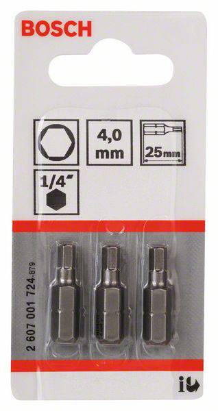 Drei Bosch-Schraubenkopf-Bits, 4,0 mm Durchmesser, 25 mm Länge, Steckschlüssel mit 1/4 Zoll Sechskantschaft in Blisterverpackung.