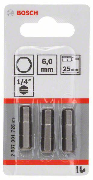 Drei Bosch Bithalter mit 6,0 mm Sechskantaufnahme, 25 mm Länge, 1/4 Zoll, in einer transparenten Verpackung, vorne sichtbar.