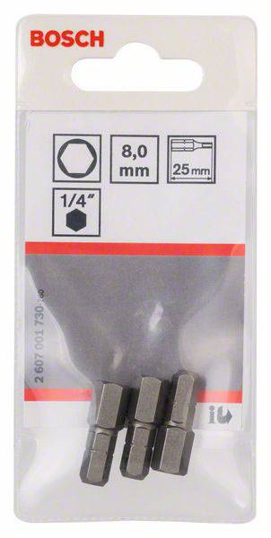 Drei sechskantige Bits für Schraubendreher, 8,0 mm Größe, Länge 25 mm, 1/4 Zoll Antrieb, verpackt in einer transparenten Kunststoffhülle von Bosch.