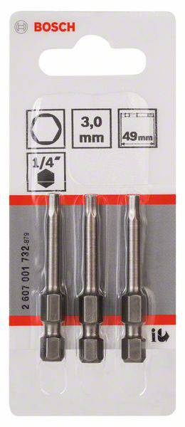 Bohrer-Set von Bosch: drei Sechskant-Bits, 3,0 mm Durchmesser, 49 mm Länge, geeignet für 1/4 Zoll Halterungen.