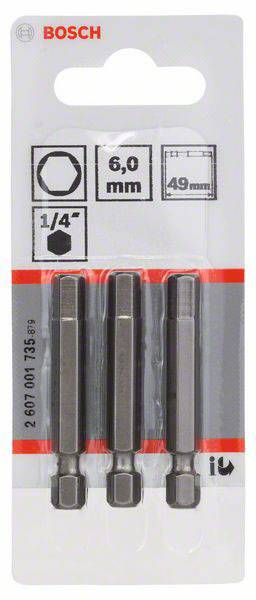 Drei Sechskant-Bits von Bosch, Größe 6 mm, Länge 49 mm, auf einer Verpackung für 1/4-Zoll-Schraubendreherhalterungen.
