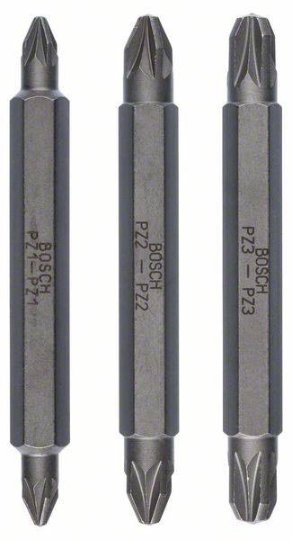 Drei zweiköpfige Schrauberbits der Marke Bosch, Typen PZ1, PZ2 und PZ3, mit schwarzem Mittelbereich und silbernen Spitzen.