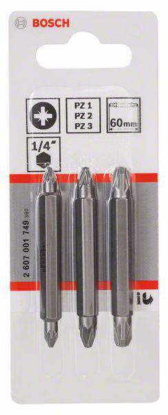 Verpackung mit Bosch Schrauberbits, Größe PZ1, PZ2, PZ3, 60mm Länge. Enthält drei doppelseitige Bits für diverse Schraubanwendungen.