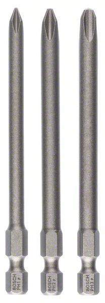Drei lange Kreuzschlitz-Bits von Bosch für Schraubendreher, nebeneinander stehend, in metallischer Farbe.