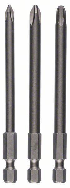 Drei lange Schraubendrehereinsätze mit Kreuzschlitzspitzen, in einer Reihe angeordnet, auf weißem Hintergrund.