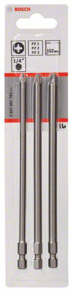 'Drei Bosch Schraubendrehereinsätze im Blisterpack. Größe PZ 1, PZ 2, PZ 3, Länge 152 mm, 1/4