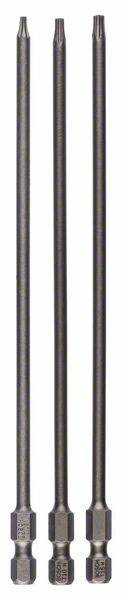 Drei lange, dunkle Schraubendrehereinsätze mit Sechskantaufnahme in einer vertikalen Ausrichtung.