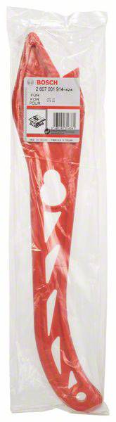 Ein rotes Bosch-Sägeblatt aus Kunststoff in einer transparenten Verpackung, aufrecht dargestellt.