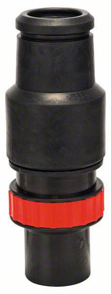 Ein schwarzer Kunststoffverbinder mit einer roten, geriffelten Schraubmutter. Geeignet für Rohrverbindungen in Bewässerungssystemen.