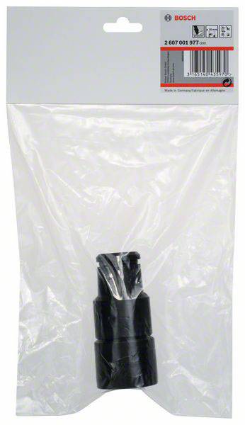 Eine Bosch-Staubsaugeradapter-Verpackung aus Kunststoff, mit einem schwarzen Adapter sichtbar innerhalb der Verpackung.