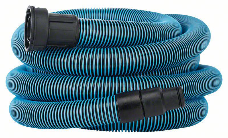 Blauer, spiralgeformter Poolschlauch, aufgerollt mit schwarzem Anschlussstück. Geeignet für die Wasserpumpe oder Filteranlagen.