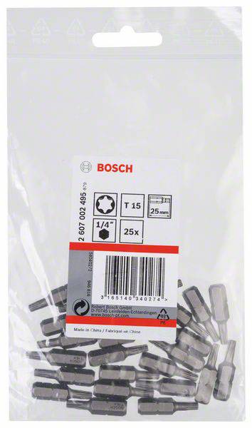 Tüte mit Bosch Schraubendreher-Bits, Torx T15, 1/4 Zoll, 25 Stück. Produktbeschreibung und Barcode auf dem Etikett.