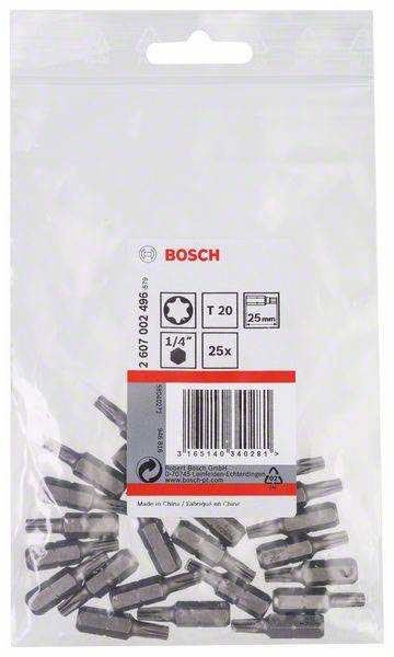 Tasche mit 25 Bosch T20 Bits, 25 mm lang. Verpackung zeigt Barcode und einige Bits, hergestellt in China.