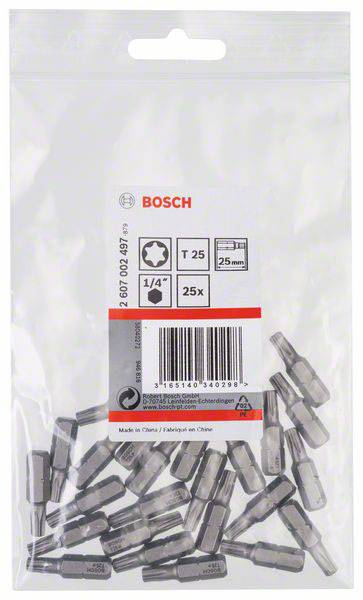 Plastiktüte mit 25 Bosch Schrauberbits, Torx T25, 25 mm Länge. Enthält Produktbeschreibung und Barcode.