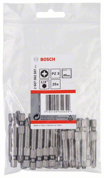 Transparente Verpackung mit 25 Bosch Marken-Bits PZ3, Größe 1/4 Zoll, Länge 49mm, gemacht in China.