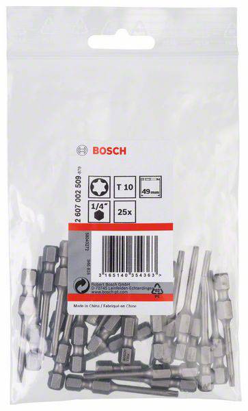 Eine transparente Tüte mit 25 BOSCH Torx-Bits der Größe T10, 49 mm lang, 1/4 Zoll Antrieb, produziert in China.
