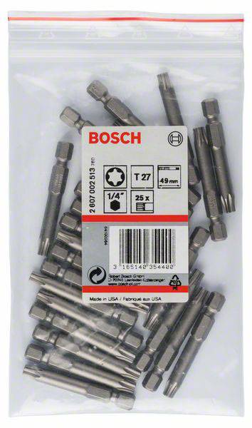 Ein Beutel mit Bosch-Bits, Größe T27, 25 Stück, 1/4-Zoll. Enthält Produktinformationen und Barcode auf dem Etikett.
