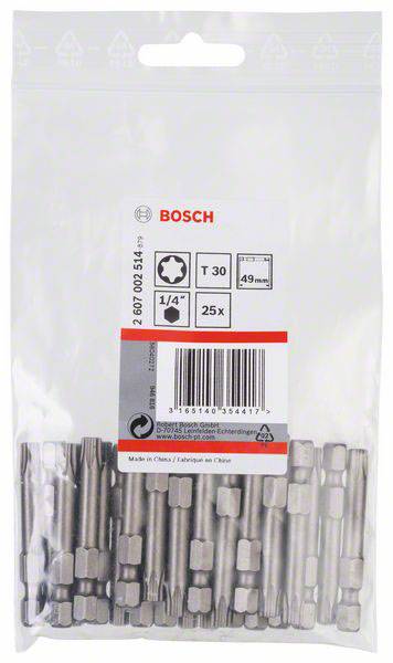 25 Bosch T30 Bits, 49 mm, 1/4 Zoll, im Plastikbeutel. EAN-Code und Hergestellt in China angegeben.