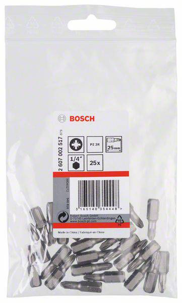 Eine durchsichtige Plastikverpackung enthält 25 Bosch PZ 2B Schrauberbits mit 1/4" Größe, abgebildet auf grauem Hintergrund.