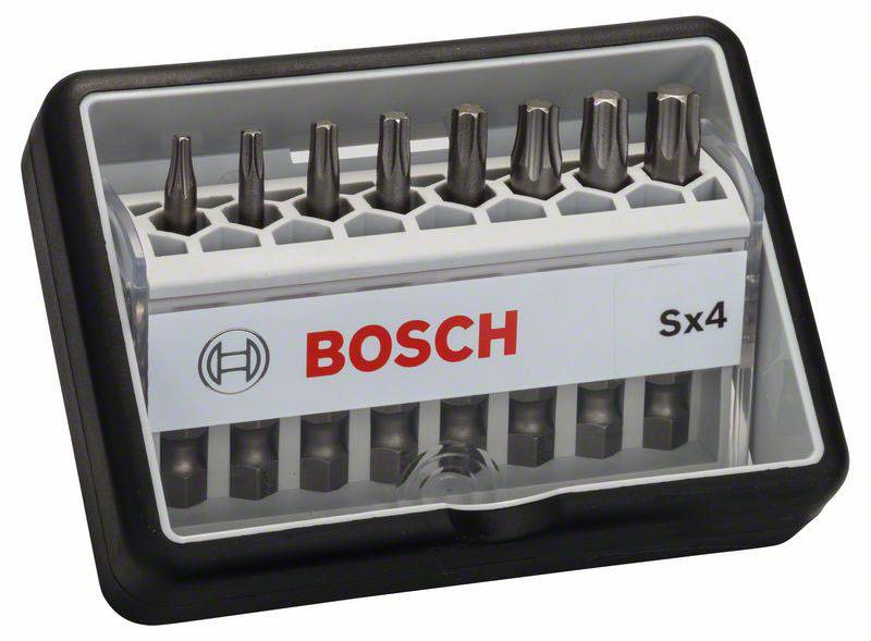 Ein Set von zehn Bosch Schraubendreherbits in einer schwarzen Kunststoffbox, beschriftet mit 'Bosch Sx4'.