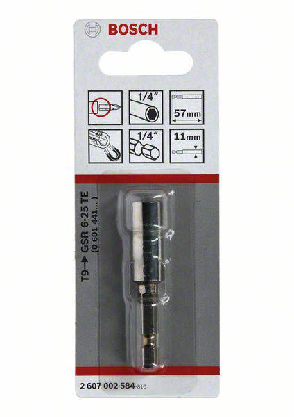Verpackung eines Bosch T9 CSR-25 TE Bits. Zeigt Produktbild, Größenangaben: 1/4