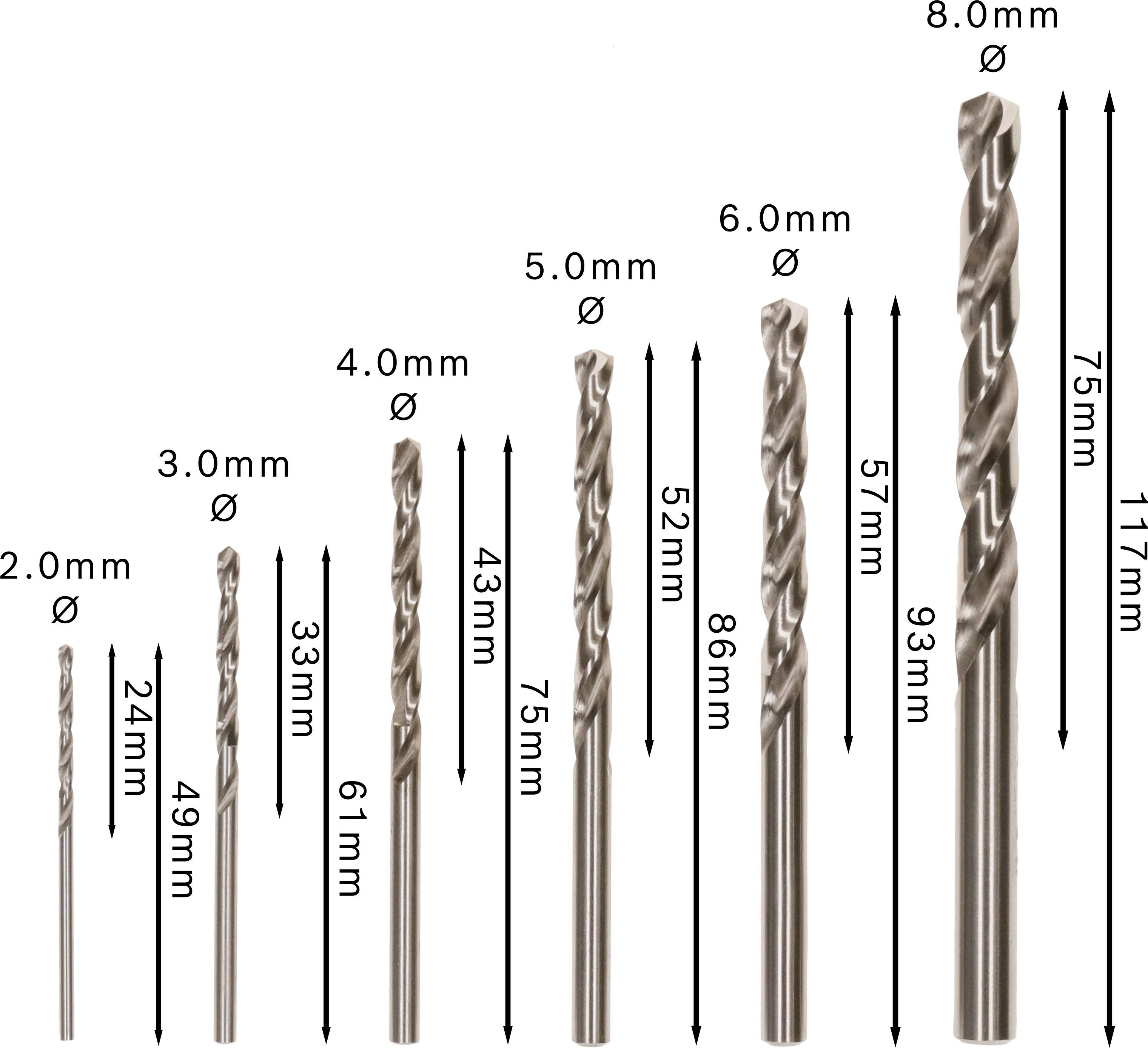 Abbildung von Bohrern in verschiedenen Größen von 2,0 mm bis 8,0 mm Durchmesser, mit Längen von 24 mm bis 117 mm, geordnet nach aufsteigender Größe.
