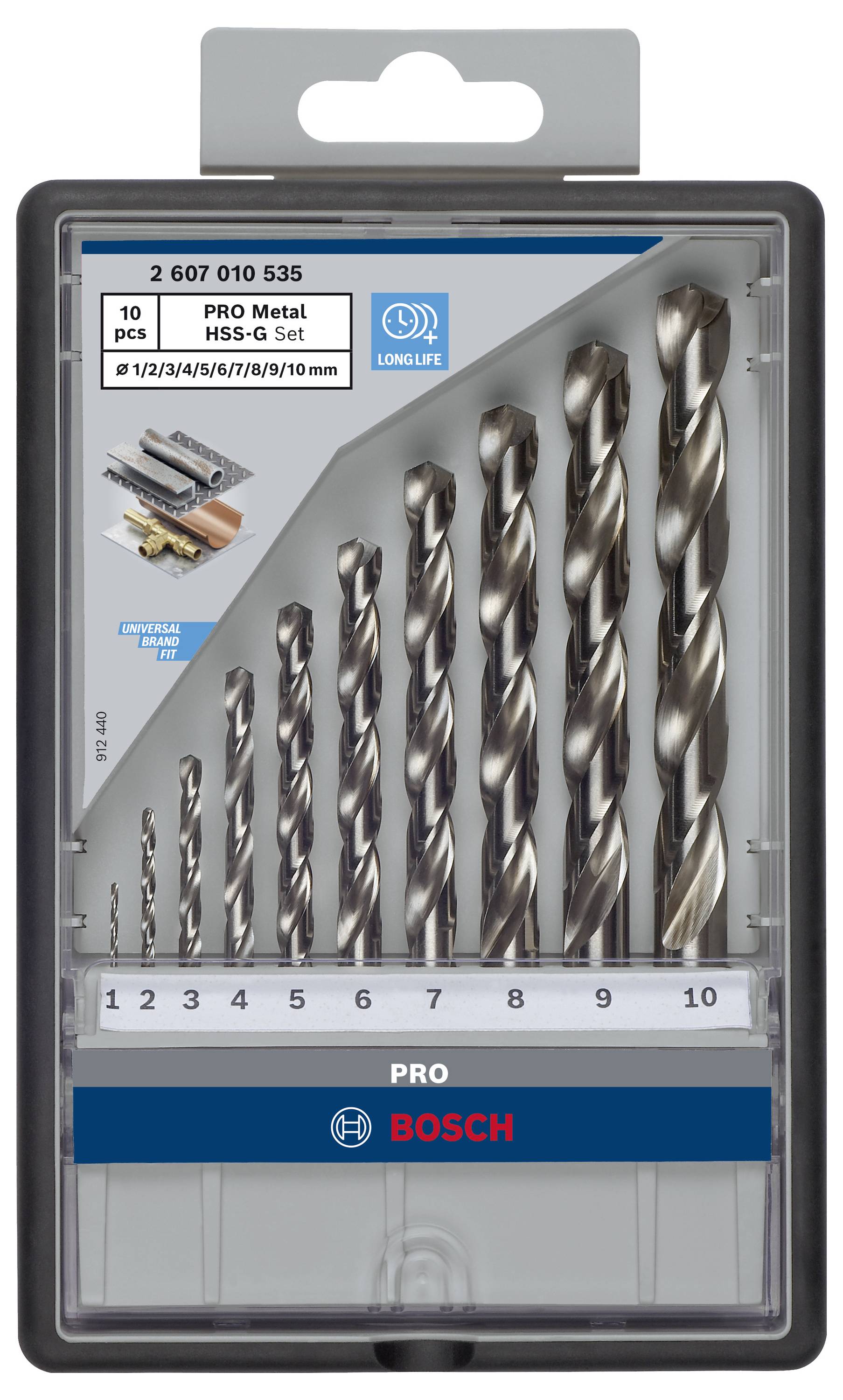 Bohrer-Set von Bosch für Metallbearbeitung, bestehend aus 10 Stücken. Größen von 1 bis 10 mm, HSS-G für Langlebigkeit.