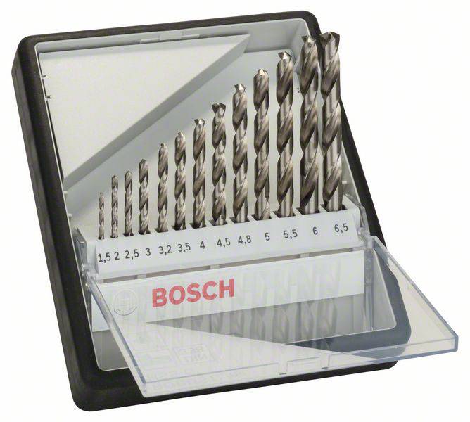 Ein Set von zehn Bosch-Bohrern in Größen von 1,5 bis 6,5 mm, aufgereiht in einer offenen Kunststoffbox mit transparentem Deckel.