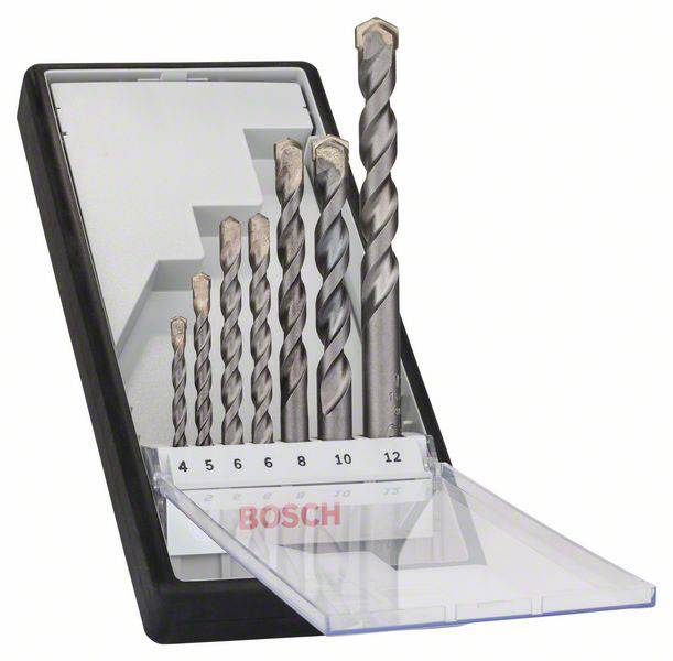Bohrerset in einem schwarzen Etui mit verschiedenen Größen von 4 bis 12 mm, geeignet für Beton, abgebildet in einer offenen Verpackung.