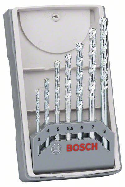 Bohraufsatz-Set von Bosch mit sieben unterschiedlich großen Bohrern in einer grauen Box, beschriftet mit Nummern von 3 bis 8.