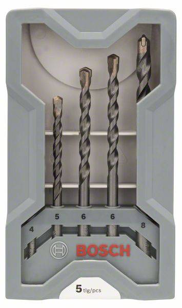 Vier Metallbohrer in einer grauen Verpackung, beschriftet mit 'BOSCH', Größen 4, 5, 6, und 8 mm.