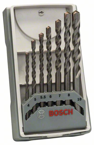 Ein Set von sieben Bosch-Bohrern in verschiedenen Größen (4-10 mm) in einer Halterung.