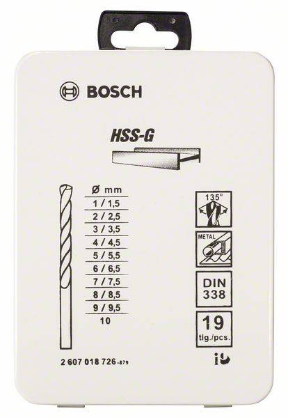 Bosch Accessories 2607018726 HSS Metall-Spiralbohrer-Set 19teilig geschliffen DIN 338 Zylinderschaft 1 Set