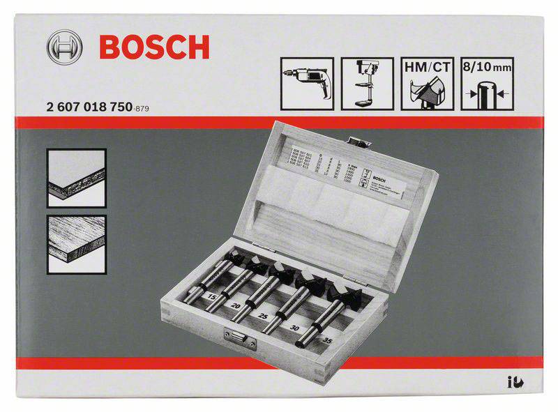 Bohrerset von Bosch mit fünf Holzbohrern in einer offenen Holzkiste, geeignet für Holzarbeiten. Verpackungsdesign mit Produktinformationen.