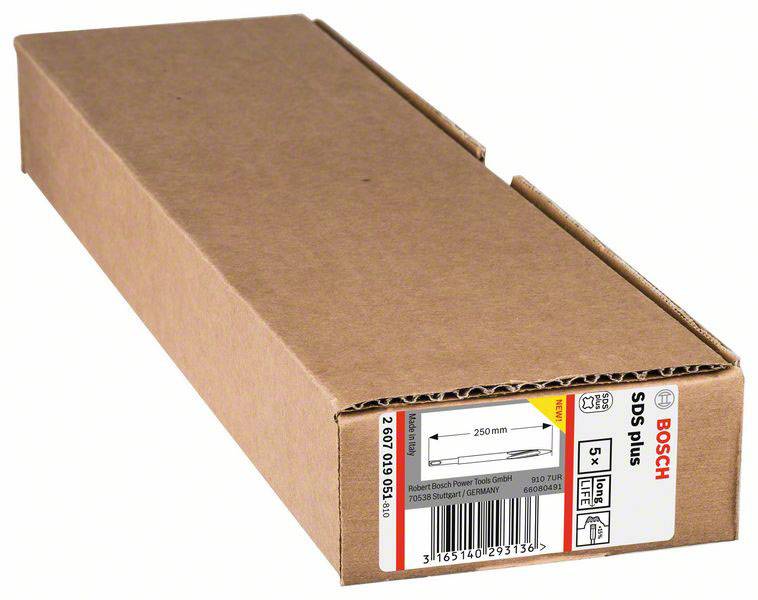 Brauner Karton, der Bosch Bohrer 5-teilig enthält, 10x250 mm, SDS Plus. Etikett mit Produktinformationen auf der Seite.