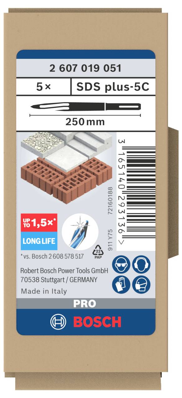 Bosch SDS plus-5C Bohrerpackung, 5 Stück, 250 mm Länge. Geeignet für Beton und Ziegel. Hergestellt in Italien.