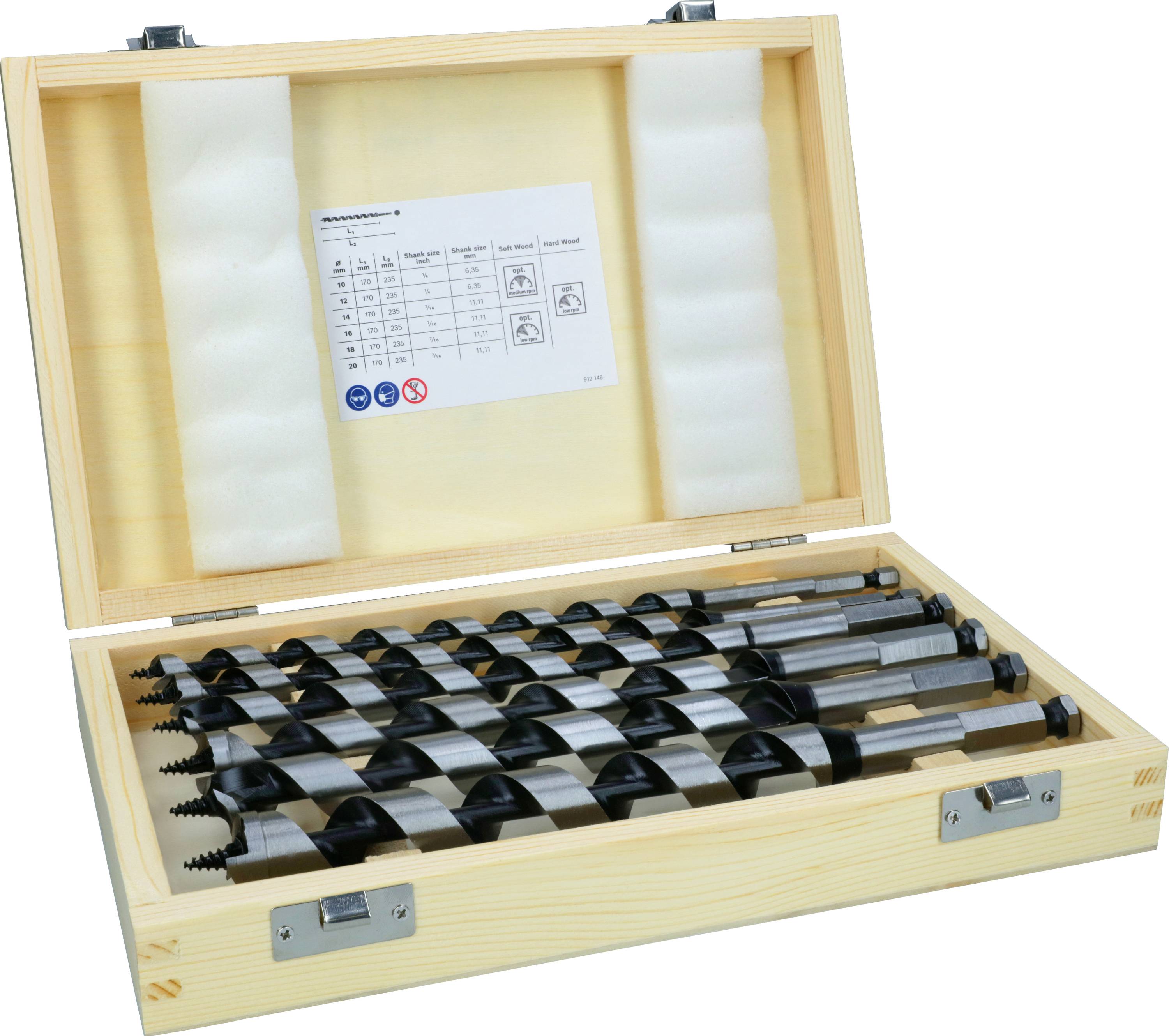 Holzkiste mit geöffnetem Deckel, enthält sieben große Bohrer in Schlitzen. Ein Etikett auf dem Deckelinneren zeigt Größen und Symbole.